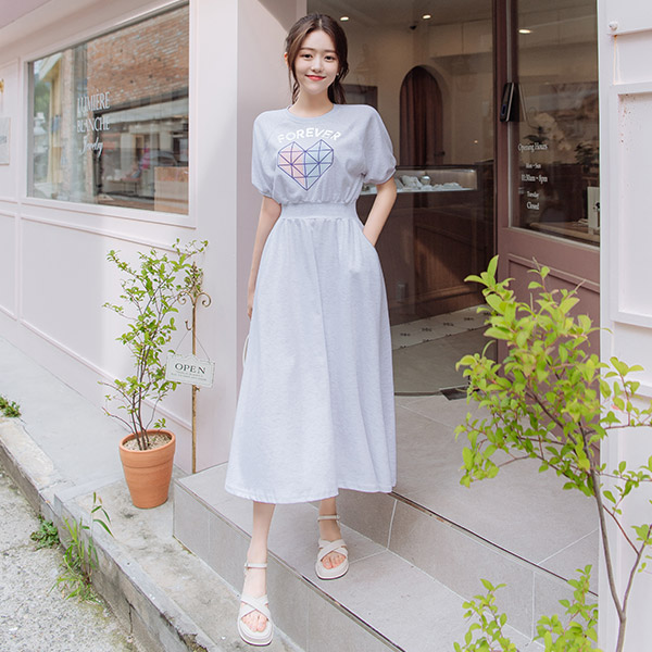 op9650 편안한 착용감의 프린팅 허리 밴딩 나그랑 롱 플레어 원피스 dress