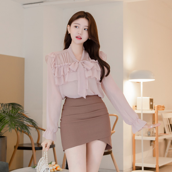 bs5348 여신 감성 가득 담은 프릴 리본타이 시스루 쉬폰블라우스 blouse