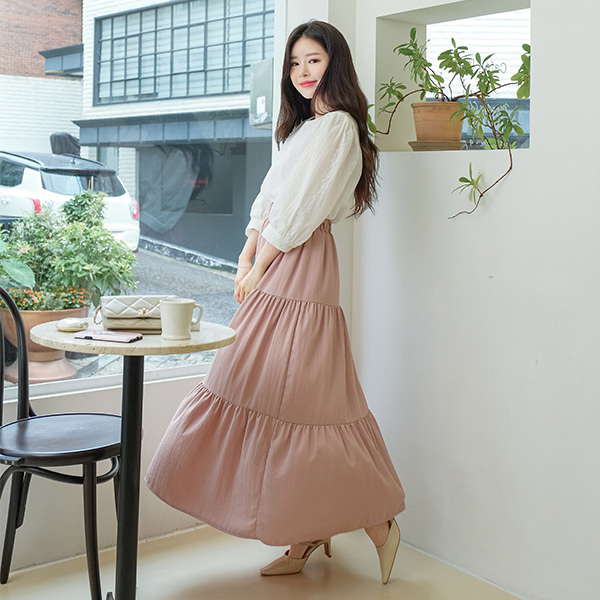 sk4249 편안한 허리밴딩과 러블리한 무드의 2단 캉캉 롱 스커트 skirt