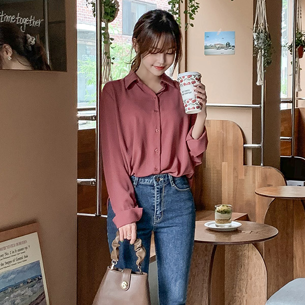 bs5359 톤다운된 차분한 컬러 구성의 와이드 커프스 베이직 긴팔 카라셔츠 blouse