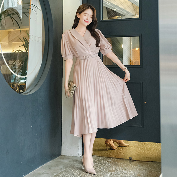 op9709 완벽한 분위기를 선사하는 숄카라 벨티드 플리츠 롱 플레어 원피스 dress