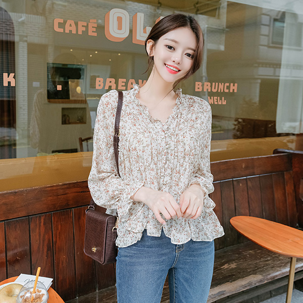 bs5362 포인티하게 즐기기 좋은 플라워 브이넥 페플럼 언발 블라우스 blouse