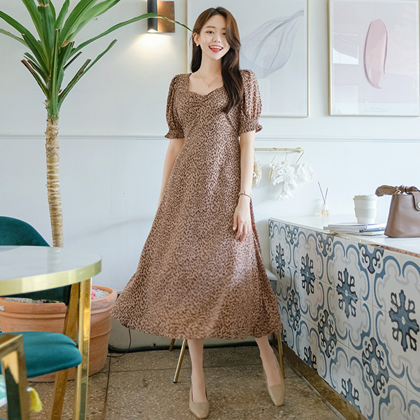 op9711 분위기 여신 무드의 다이아몬드넥 셔링 허리 스트링 레오파드 롱 플레어 원피스 dress