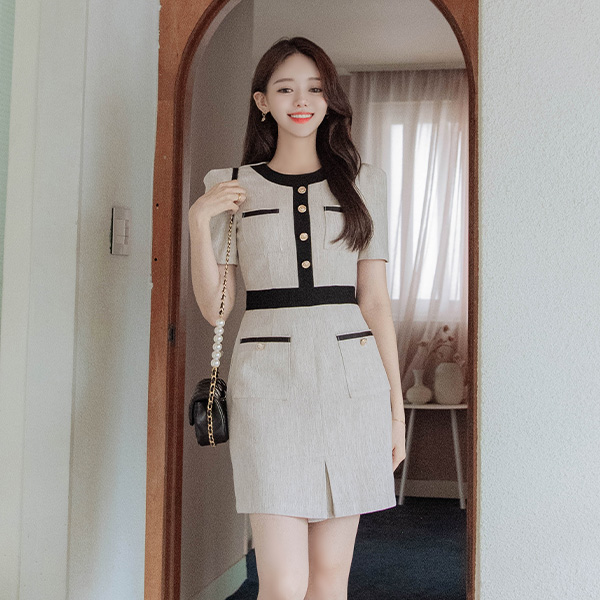 op9724 페미닌한 분위기의 골드버튼 포켓 H라인 배색 미디 원피스 dress