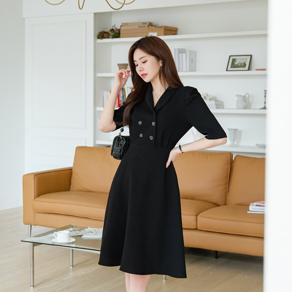 op9716 감각적인 숄카라 디자인의 더블 버튼 포인트 플레어 미디롱원피스 dress