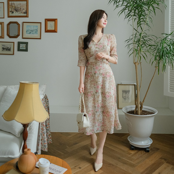 op9727 청순여신 만들어 줄 로맨틱 플라워 패턴의 쉬폰 플레어 브이넥 반팔 롱원피스 dress