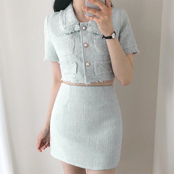 op9669 러블리한 매력이 느껴지는 크롭 기장의 트위드 투피스 세트 dress