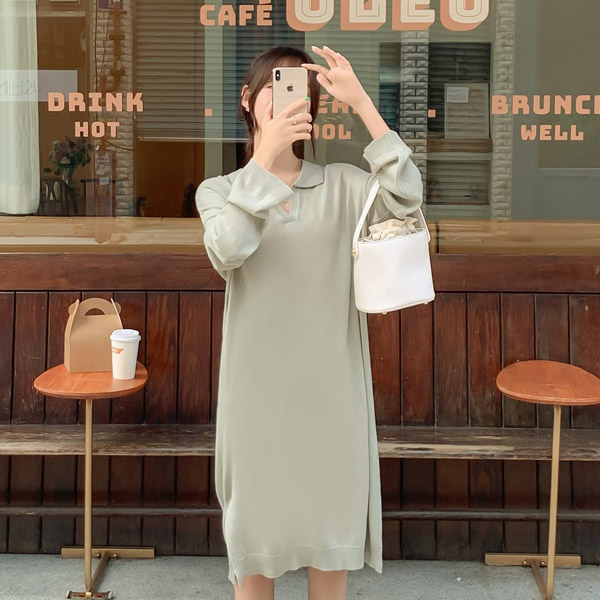 op9729 심플 베이직한 무드의 카라 포인트 긴팔 니트 H라인 롱 원피스 dress