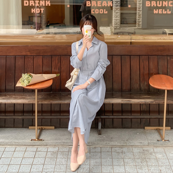 op9733 은은한 스트라이프 패턴의 벨트 스트랩 일자핏 롱 셔츠 원피스 dress