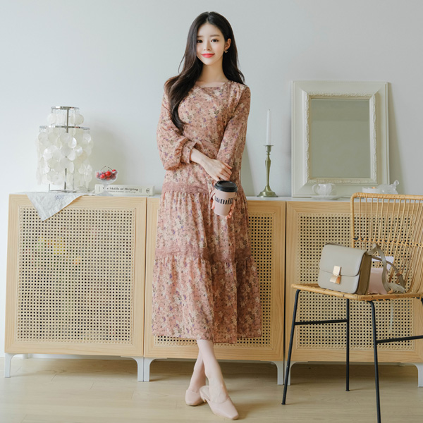 op9757 엔틱한 무드의 플라워 패턴을 담은 로맨틱 쉬폰 롱 원피스 dress