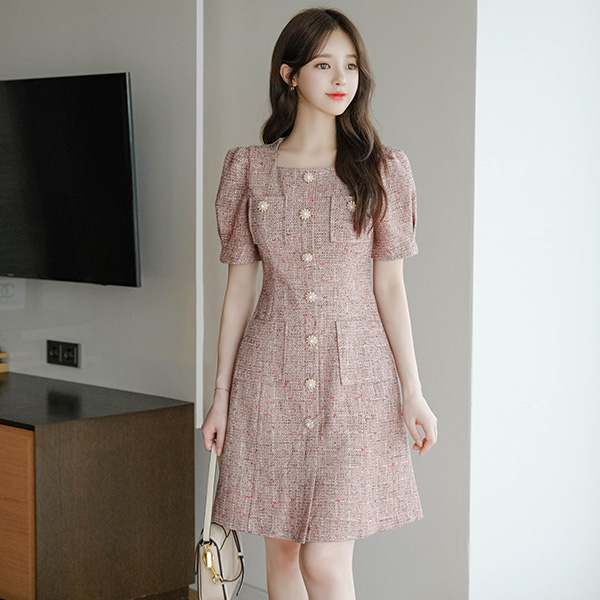 op9763 블링한 꽃버튼 포인트 퍼프 트위드 원피스 dress