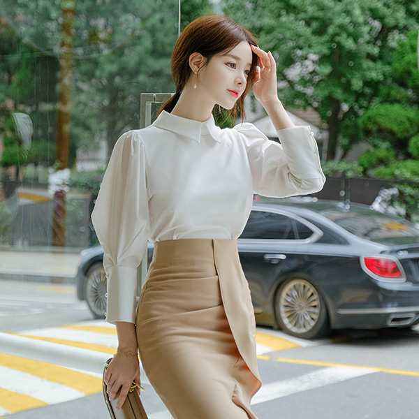 bs5402 우아한 실루엣이 연출되는 퍼프 슬리브 카라셔츠 블라우스 blouse