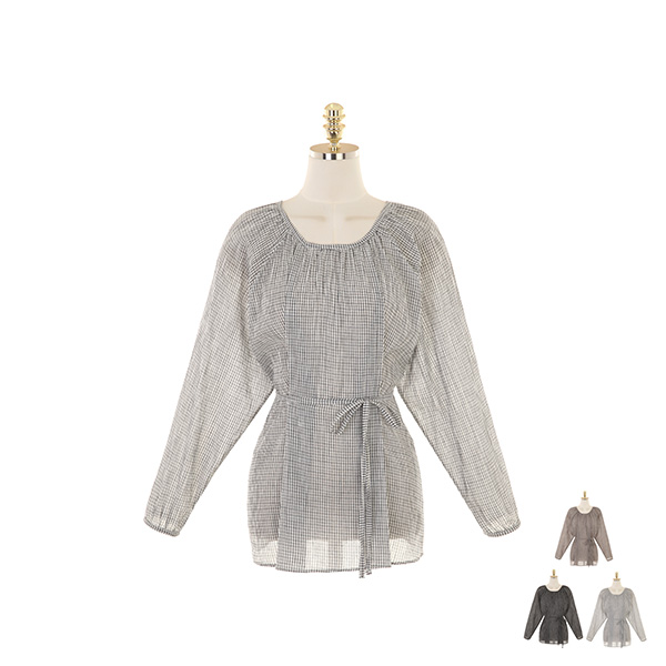 bs5393 4가지 연출이 가능한 체크 패턴의 허리 스트랩 레글런 블라우스 blouse