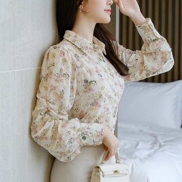 bs5419 고급스러운 금사 자수 디자인 셔링 시스루 긴팔 블라우스 blouse