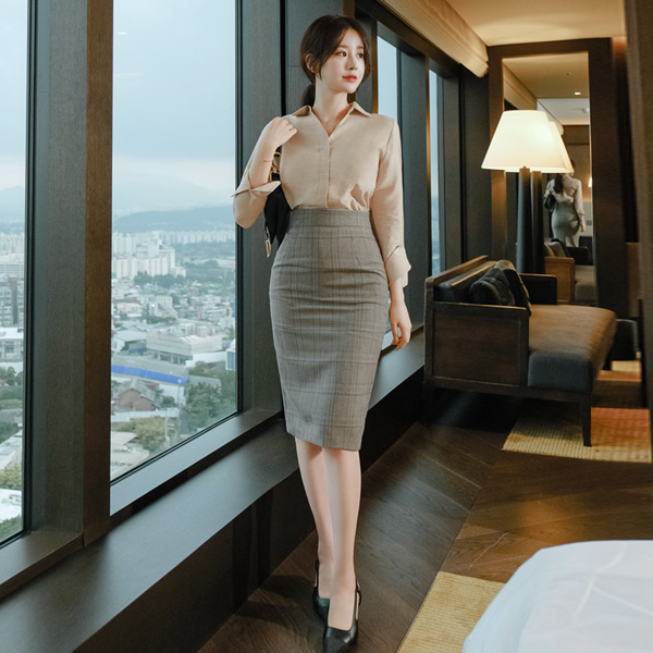 sk4287 세련된 체크 패턴 슬림 펜슬 스커트 skirt