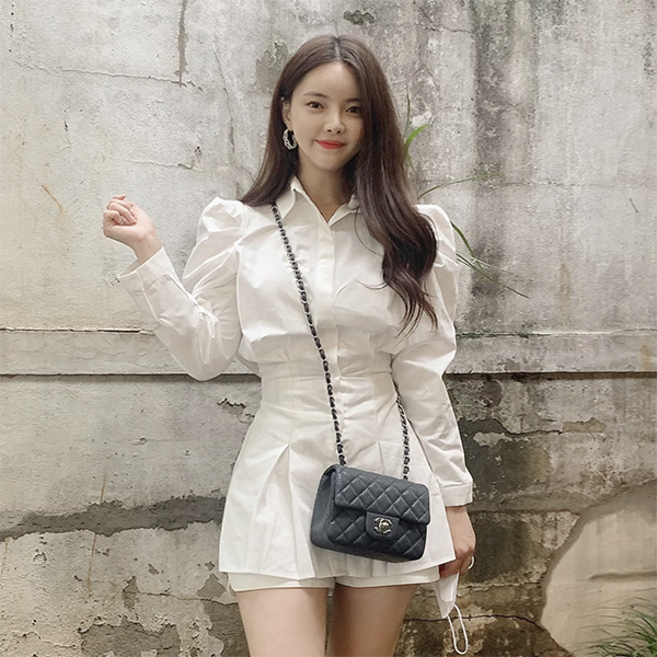 bs5425 핀턱 디테일이 돋보이는 퍼프 롱 셔츠 blouse