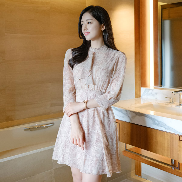 op9820 은은하게 고급스러운 마블링 패턴의 러플타이 뒷리본 플레어 미니원피스 dress
