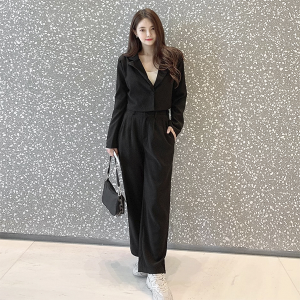 jk1277 원버튼 크롭 자켓과 하이웨스트 와이드 팬츠 투피스 세트 two piece set