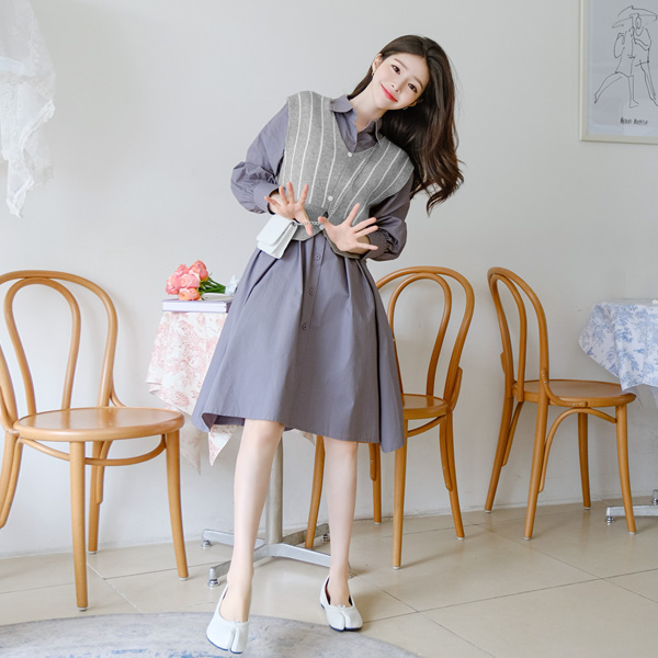 op9827 포근함 가득한 울 니트베스트와 미디롱 셔츠원피스 투피스세트 dress set