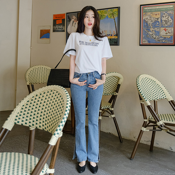 ps2372 스타일지수를 높여줄 밑단 슬릿디테일의 일자핏 히든밴딩 데님팬츠 pants