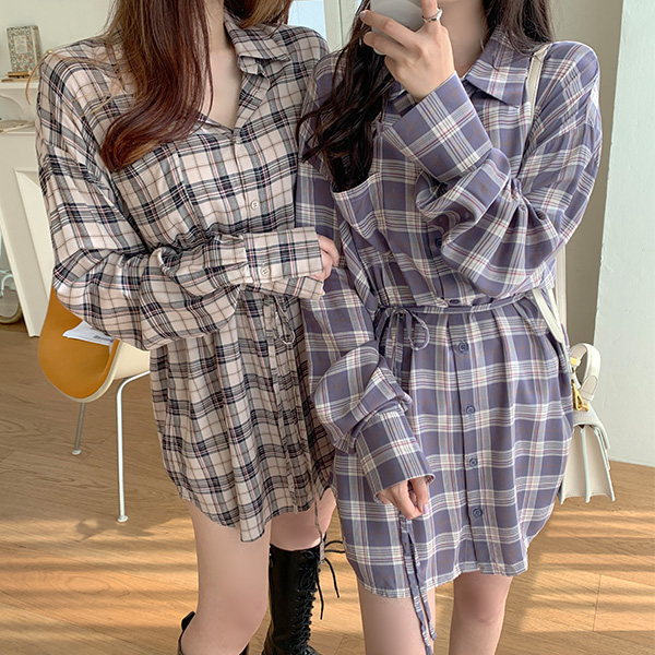 op9839 여리여리 오버핏으로 부드럽게 떨어지는 달콤체크패턴 스트랩 셔츠원피스 dress