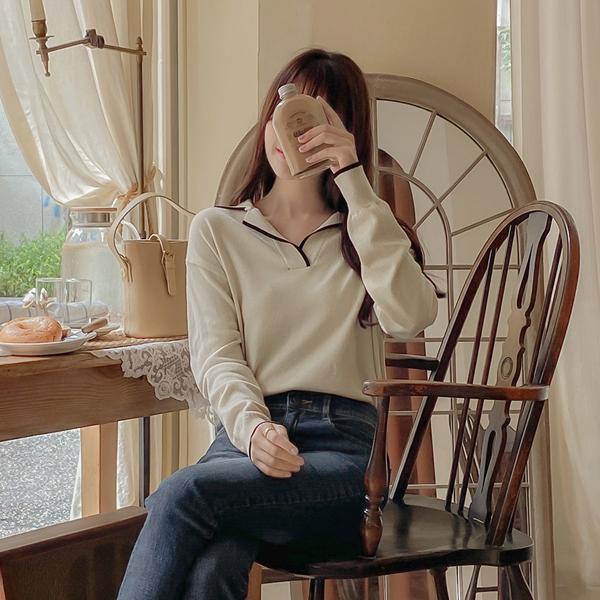 nt2274 센스있는 배색디테일과 와이드한 시보리의 오픈카라 긴팔니트 knit