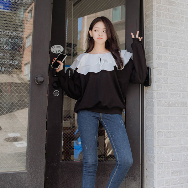 ts2207 꽃잎을 연상캐 하는 사랑스러운 프릴장식의 카라포인트 루즈핏 맨투맨 tee