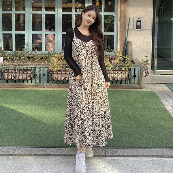 op9918 레오파드 패턴의 플리츠 뷔스티에 롱 원피스 dress