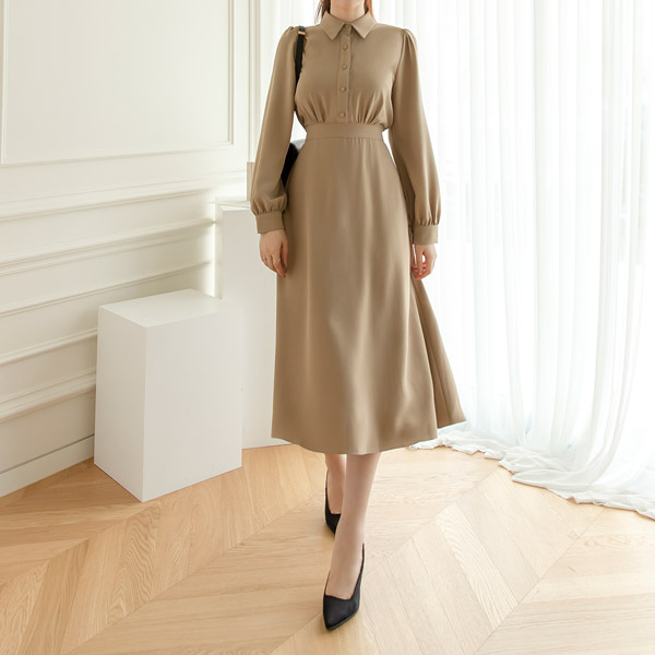 op9917 단정한 느낌의 셔츠 디자인의 롱 플레어 원피스 dress