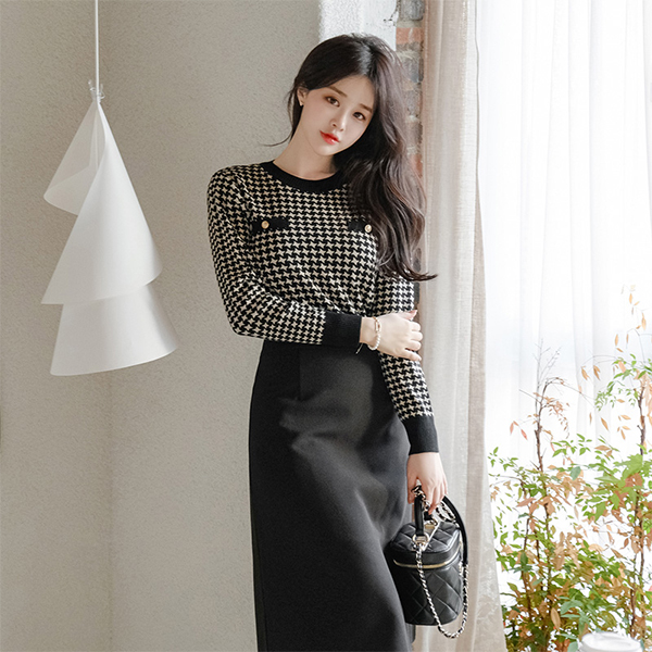 nt2306 금장 버튼 포인트 스탠다드핏 하운드투스 라운드 니트 knit