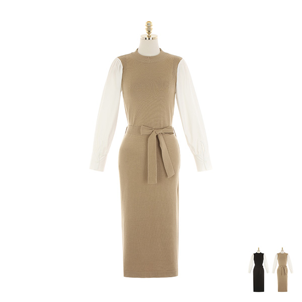 op9935 심플 베이직한 디자인의 허리 스트랩 배색 니트 롱 원피스 dress