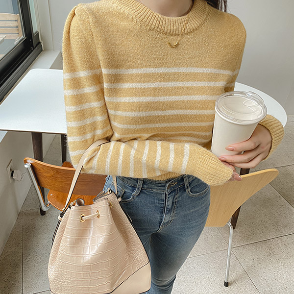 nt2333 여성스럽고 산뜻한 퍼프 벌룬 소매 스트라이프 니트 knit
