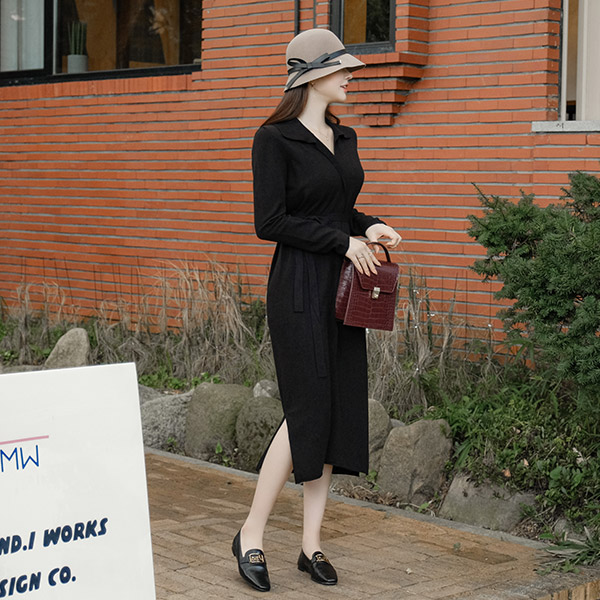 op10004 단아한 분위기의 카라 니트 롱 스트랩 원피스 dress