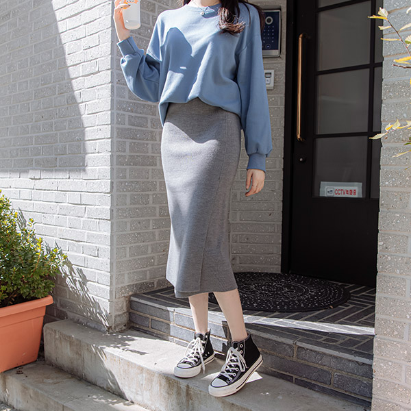 sk4350 여성스러운 랩 디자인의 허리밴딩 H라인 미디기장 골지 니트스커트 skirt