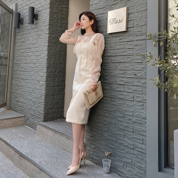op10001 우아한 트위드 소재의 핀턱 스퀘어넥 뷔스티에 슬릿 롱원피스 dress