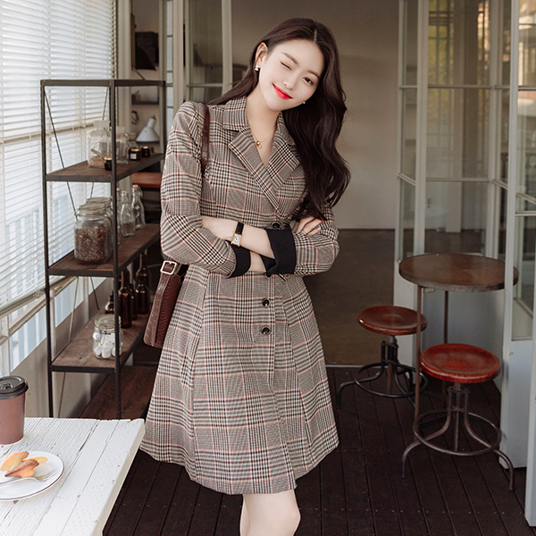 op9977 포멀한 체크패턴이 돋보이는 소매 롤업 포인트의 자켓스타일 A라인 미니원피스 dress