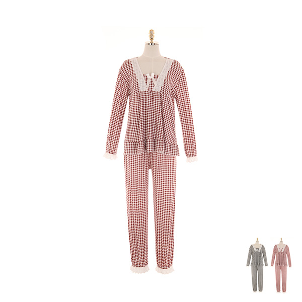 op9986 러블리한 무드의 레이스포인트와 체크패턴이 돋보이는 파자마 투피스 세트 dress