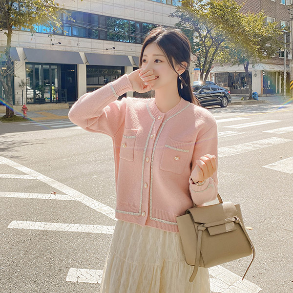 cd1536 골드프레임 진주 단추 포인트의 실버사 체인 디자인 도톰 니트 가디건 cardigan