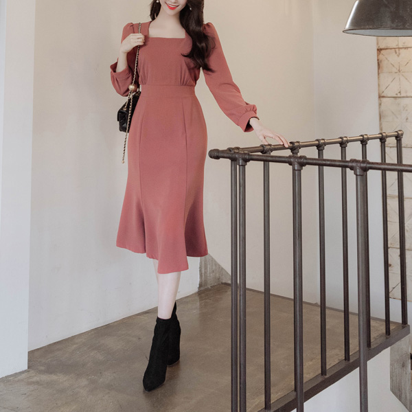 op10045 우아한 무드가 돋보이는 스퀘어넥 백리본 머메이드 롱원피스 dress