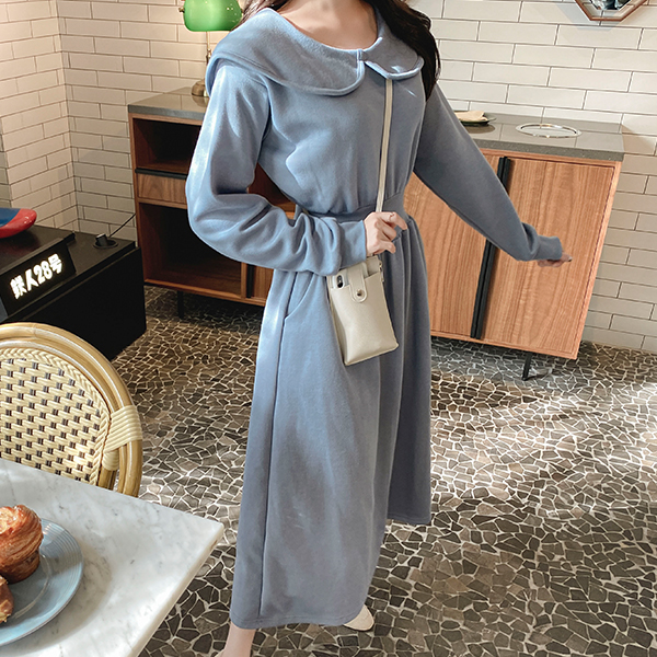 op10051 따뜻하고 편안한 빅 카라 허리 밴딩 포켓 기모 원피스 dress