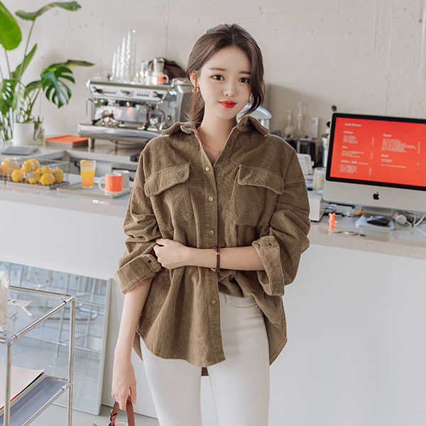 bs5507(A) 따뜻한 컬러감으로 제작된 빅포켓 포인트의 루즈핏 코듀로이 셔츠 blouse