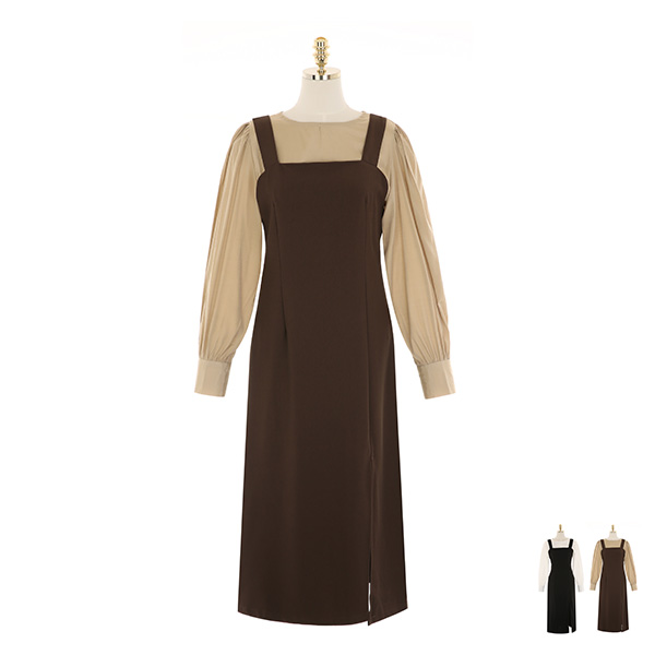 op10015 소매셔링 블라우스와 슬릿 서스펜더 원피스 세트 dress
