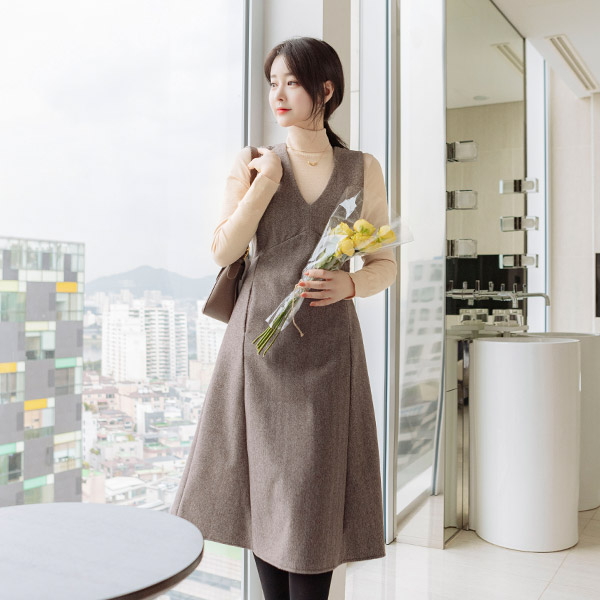op10087 클래식 감성 헤링본 울 모직 레이어드 브이넥 원피스 dress