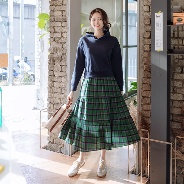 op10073 꾸안꾸 후드티와 체크 스커트 배색 포인트의 롱원피스 dress