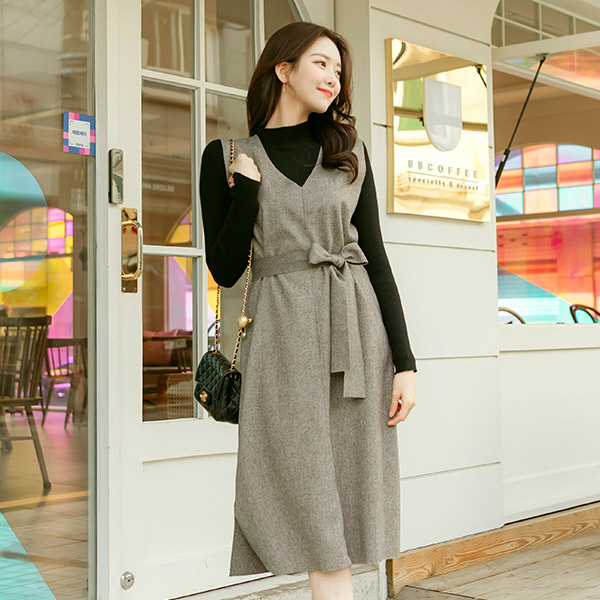 op10076 고급스러운 헤링본 패턴의 스트랩구성 레이어드 일자핏 롱원피스 dress