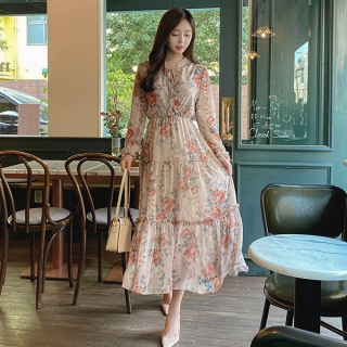 로맨틱한 프릴장식과 리본포인트의 허리밴딩 쉬폰 플라워 V넥 랩 롱원피스 dress