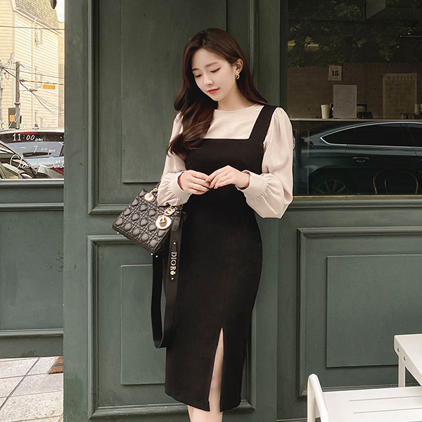 op10080 글램한 실루엣을 돋보이는 트임 포인트의 뷔스티에 스퀘어넥 H라인 미디롱 원피스 dress