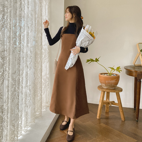 op10099 소프트한 스웨이드 촉감의 스티치 포인트 뒷리본 서스펜더 A라인 롱원피스 dress