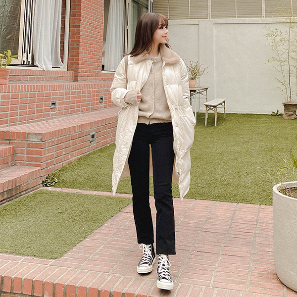 jp322 귀여운 페이크퍼 카라장식의 허리스트링 솜안감 롱패딩 점퍼 jumper