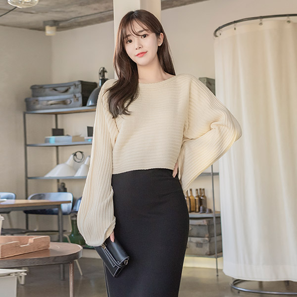 nt2394 톡톡한 골지짜임과 보트넥 디자인의 슬릿 롱슬리브 세미크롭 니트탑 knit